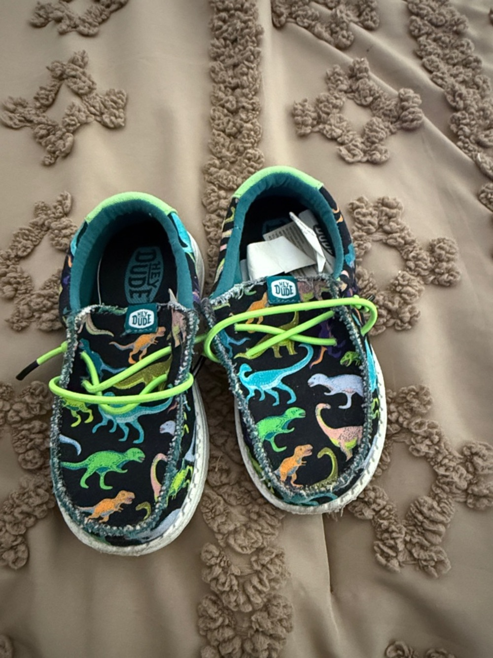 Hey Dude Kids Multicolor Dinosaur Slip-On Sneakers with Neon Green Laces